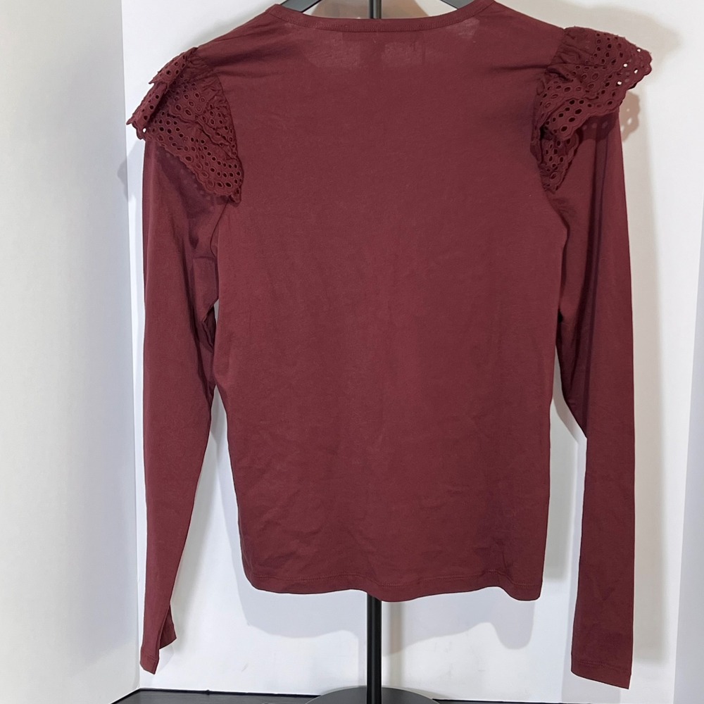 Joe's Jeans Burgundy Long Sleeve Top Eyelet Ruffle Shoulder‎ Womens - Picture 6 of 6